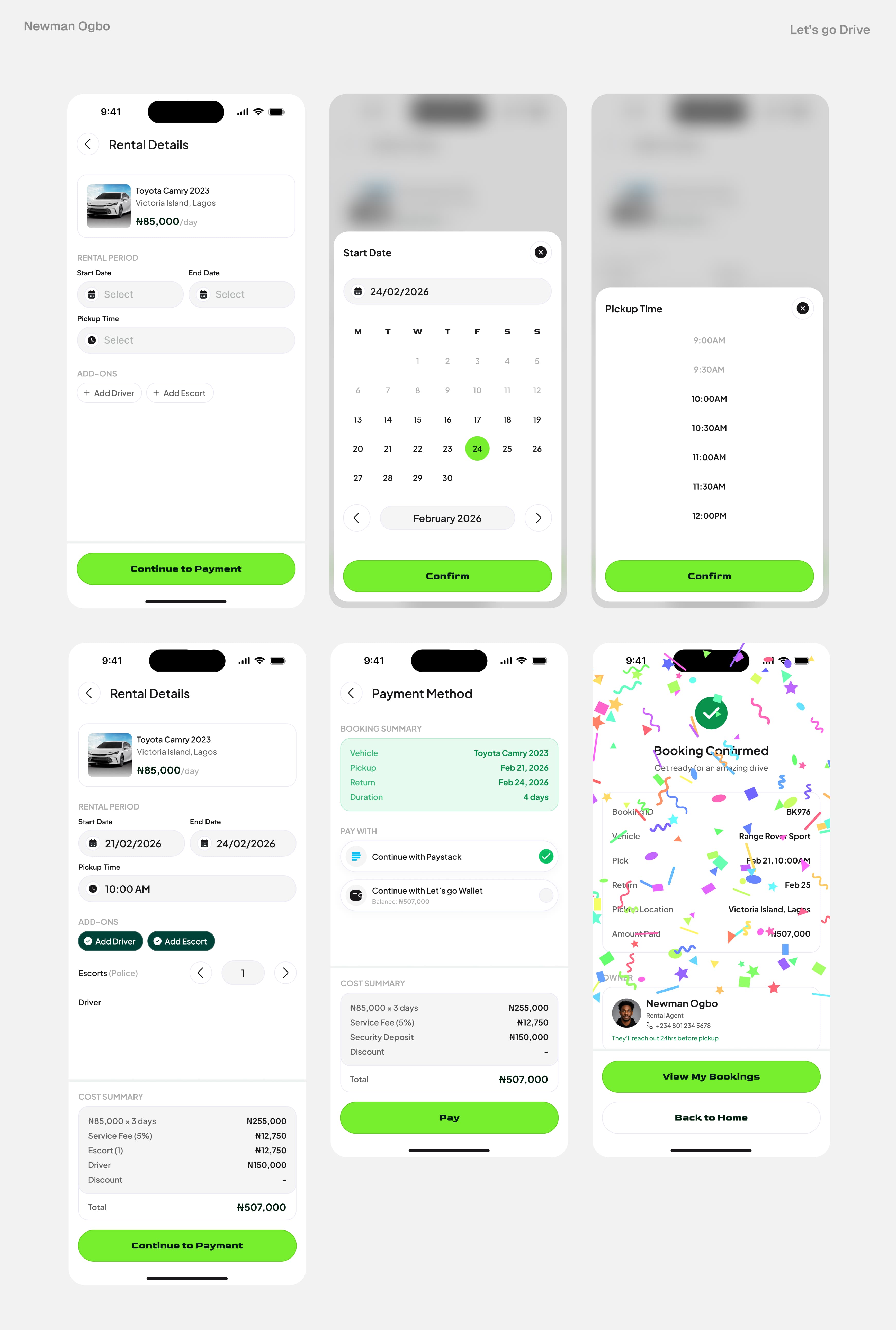 Let’s Go Drive dates, add-ons, payment summary, and booking confirmation flow
