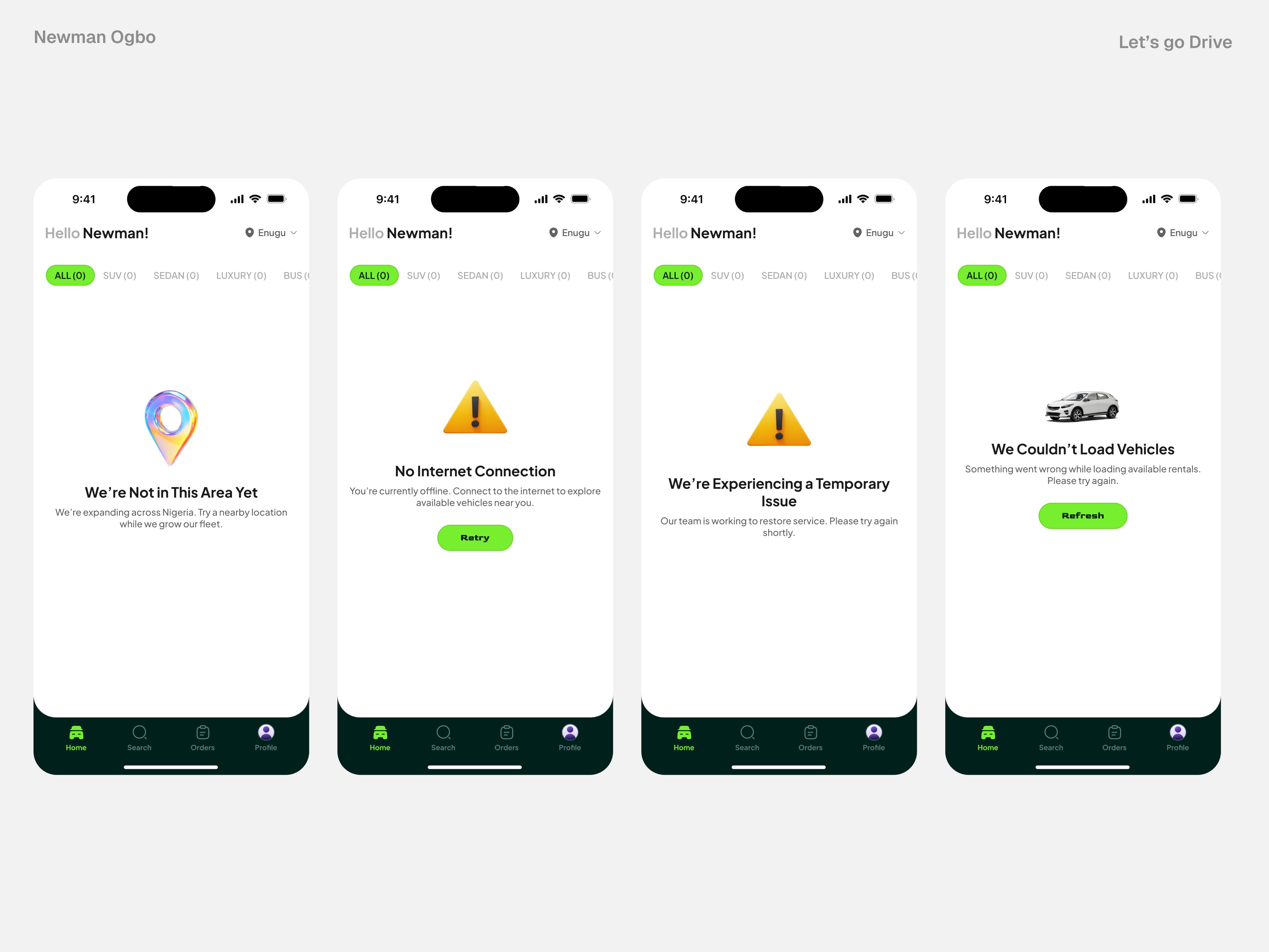 Let’s Go Drive unsupported area, offline, temporary issue, and vehicle loading failure states