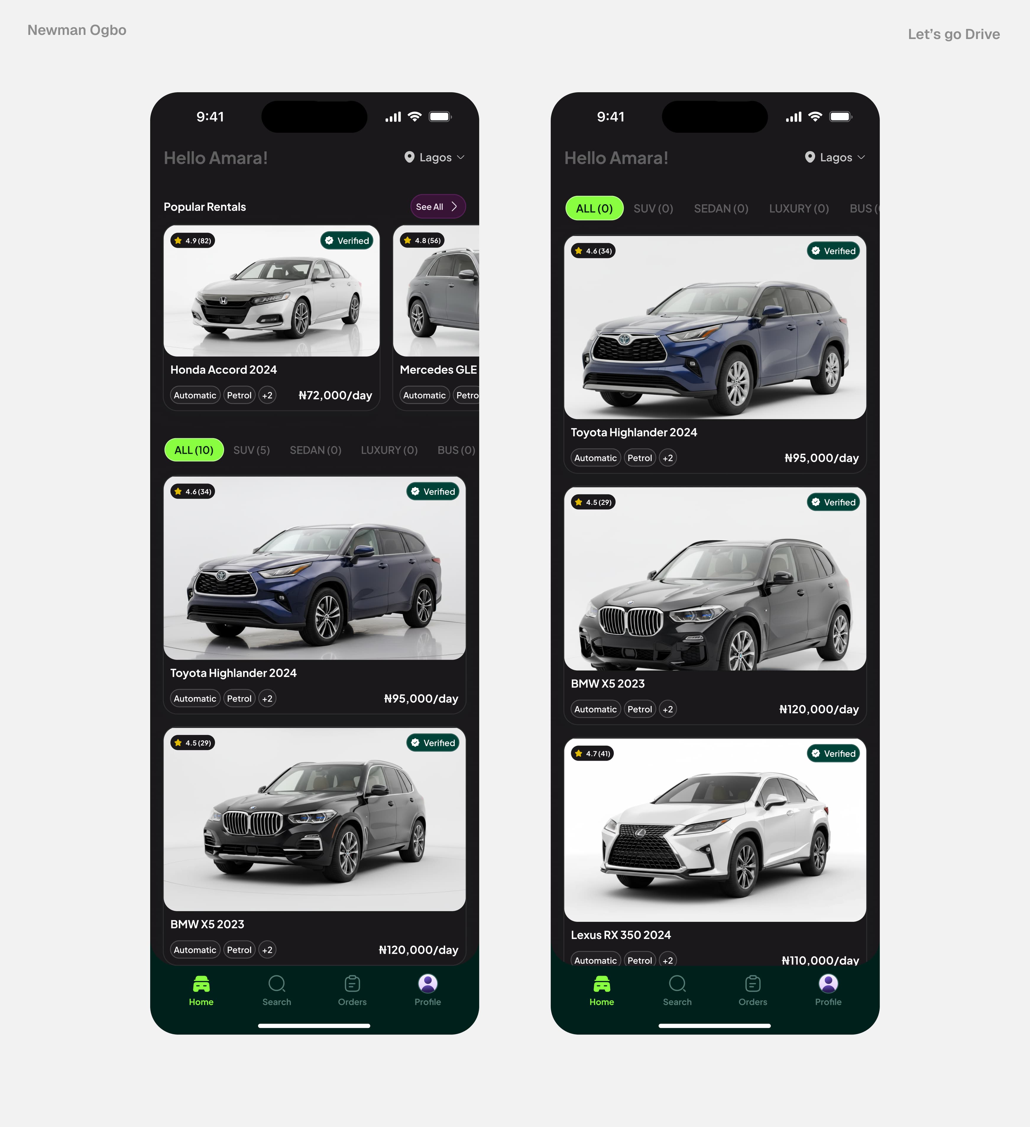 Let’s Go Drive dark-theme home and vehicle discovery screens