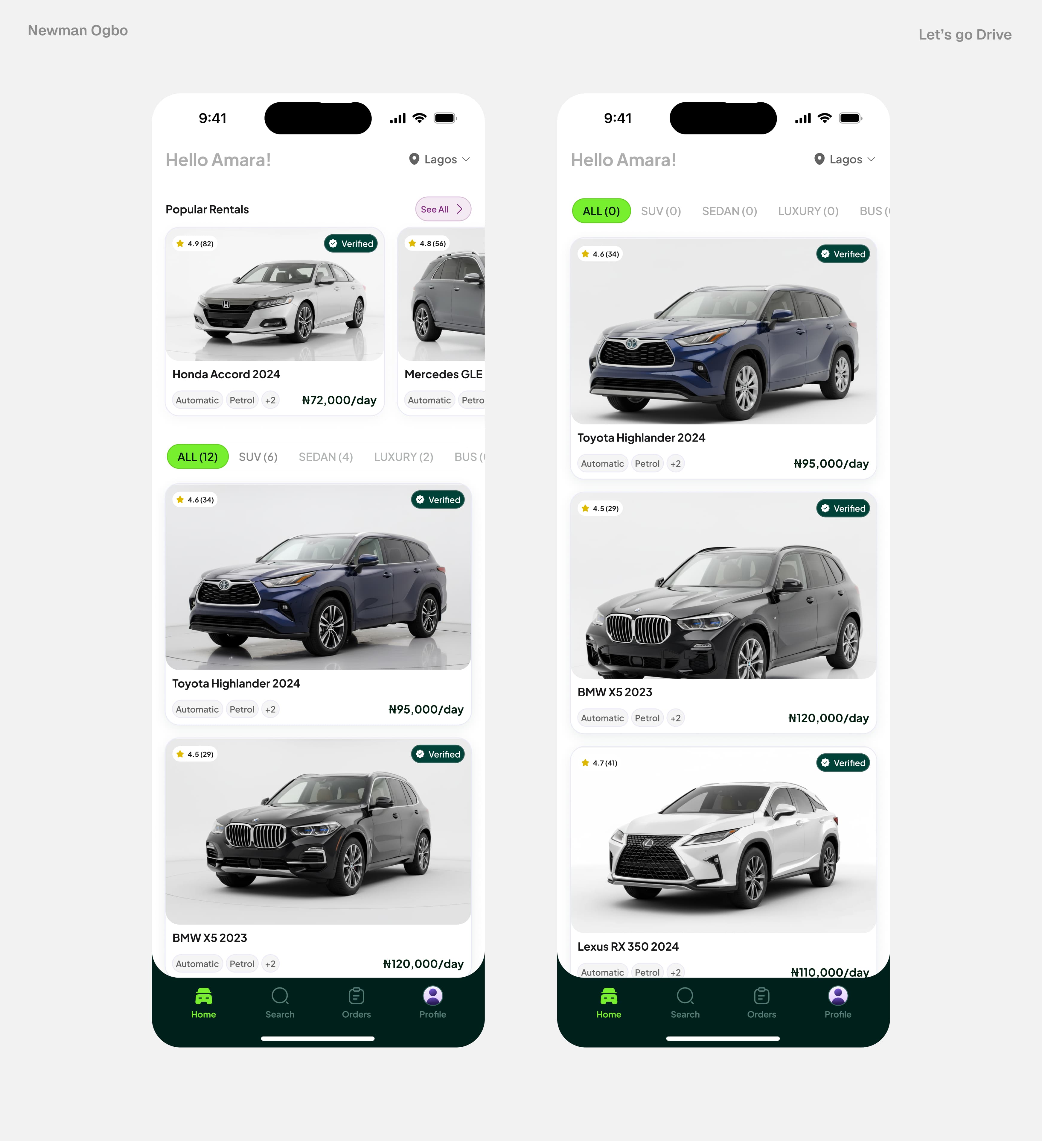 Let’s Go Drive light-theme home and vehicle discovery screens