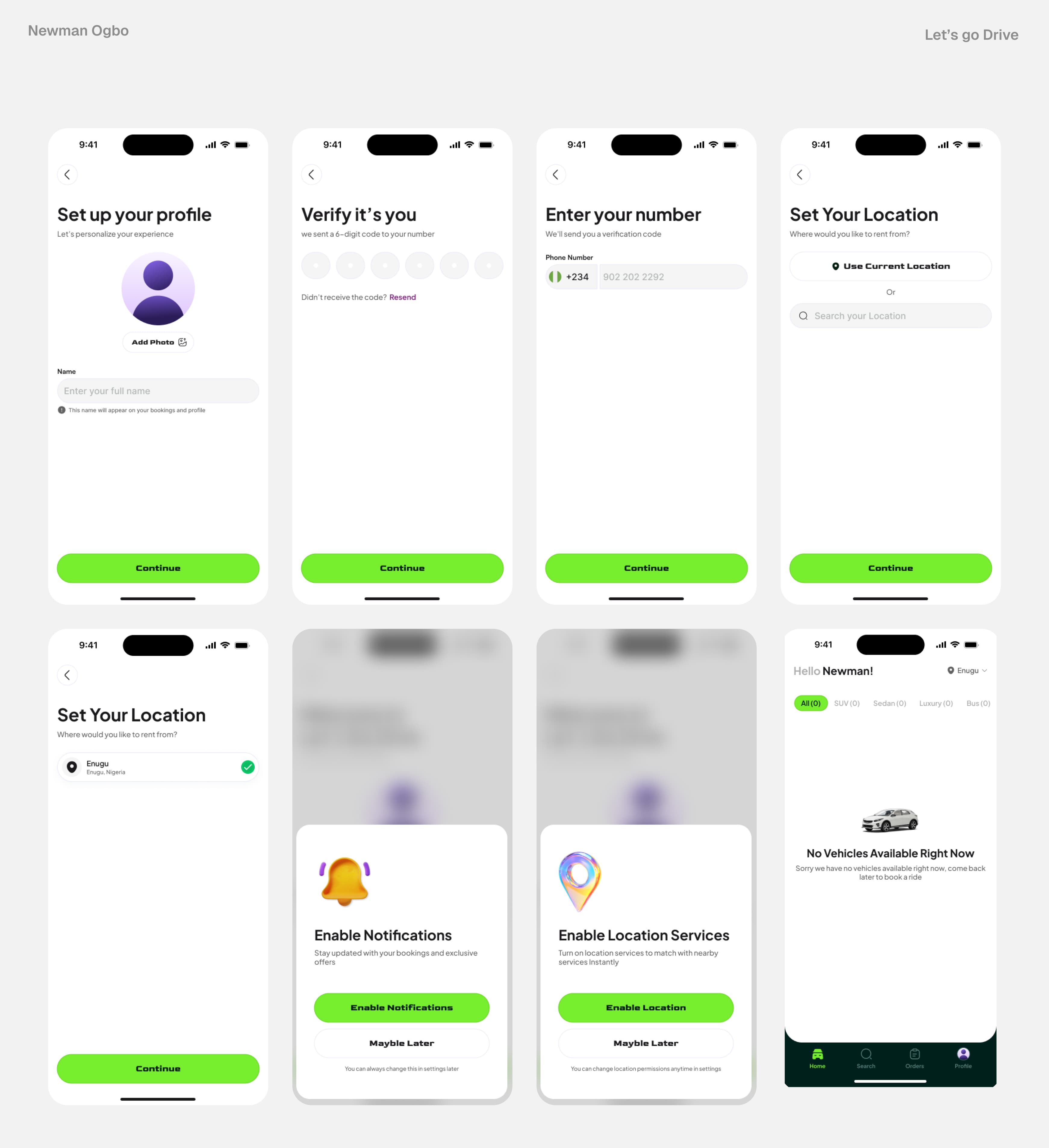 Let’s Go Drive profile, phone verification, location, permission, and unavailable vehicle screens