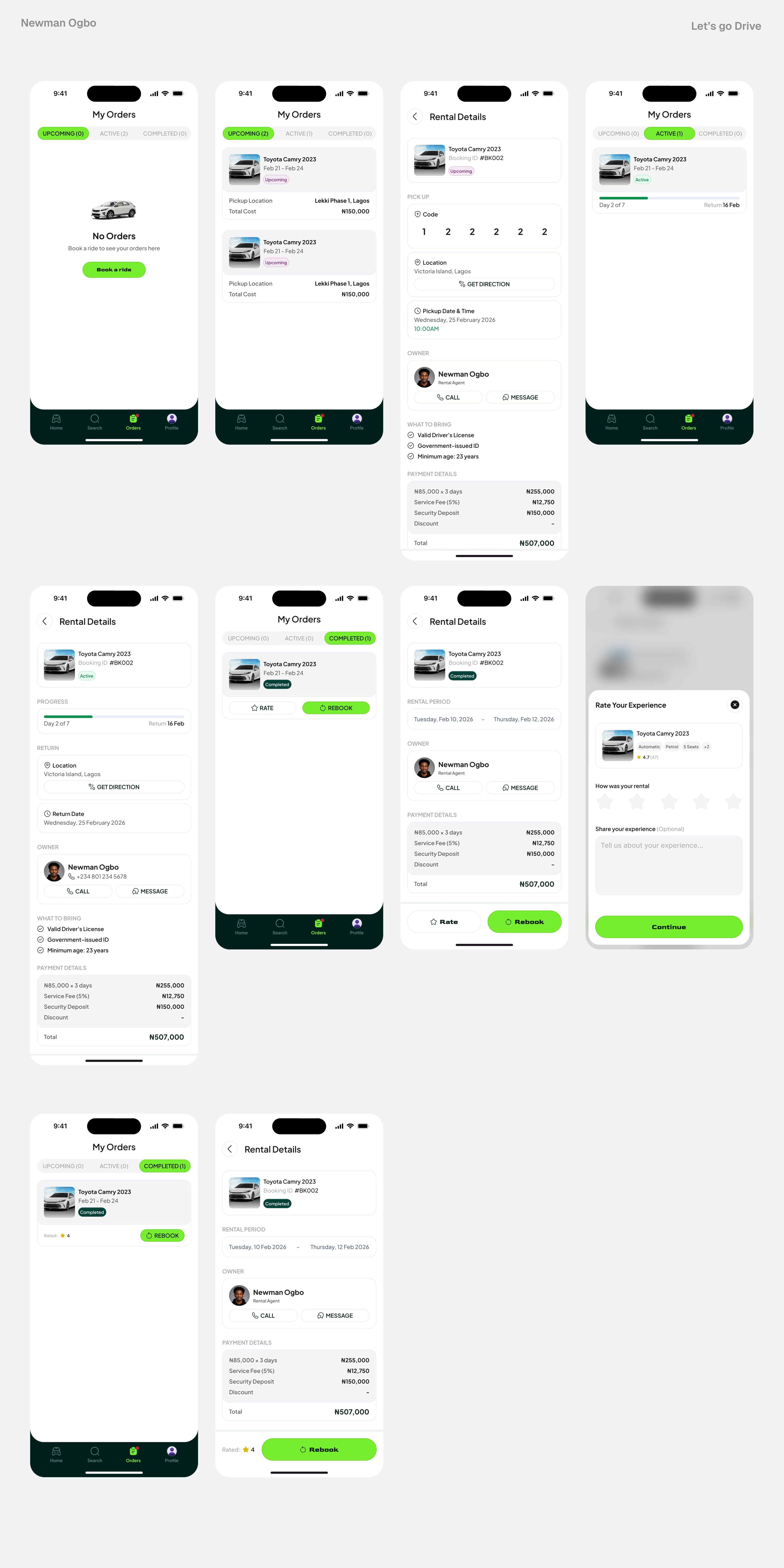 Let’s Go Drive empty, upcoming, active, completed, rating, and rebooking order states