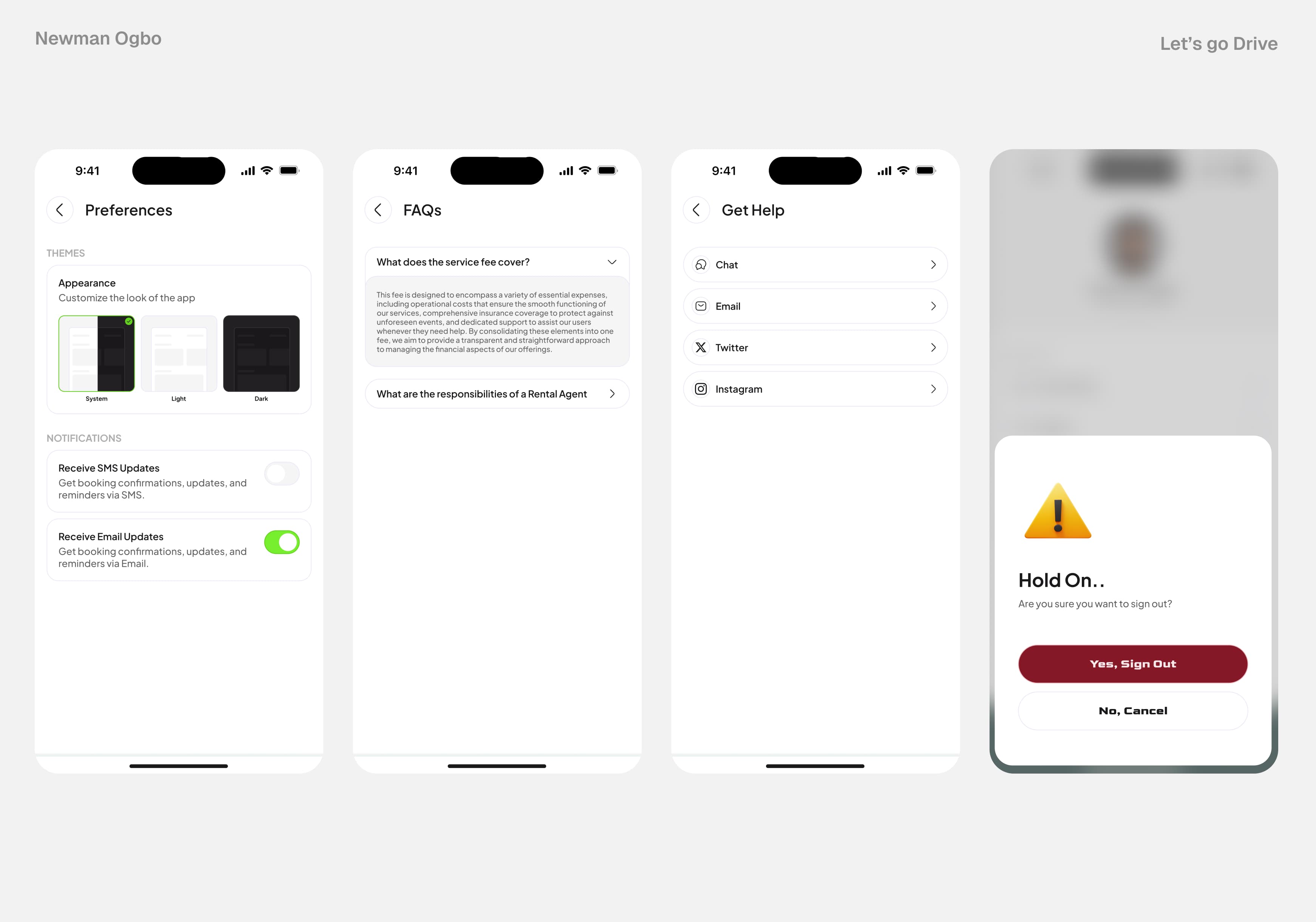 Let’s Go Drive preferences, notifications, FAQs, support, and sign-out screens