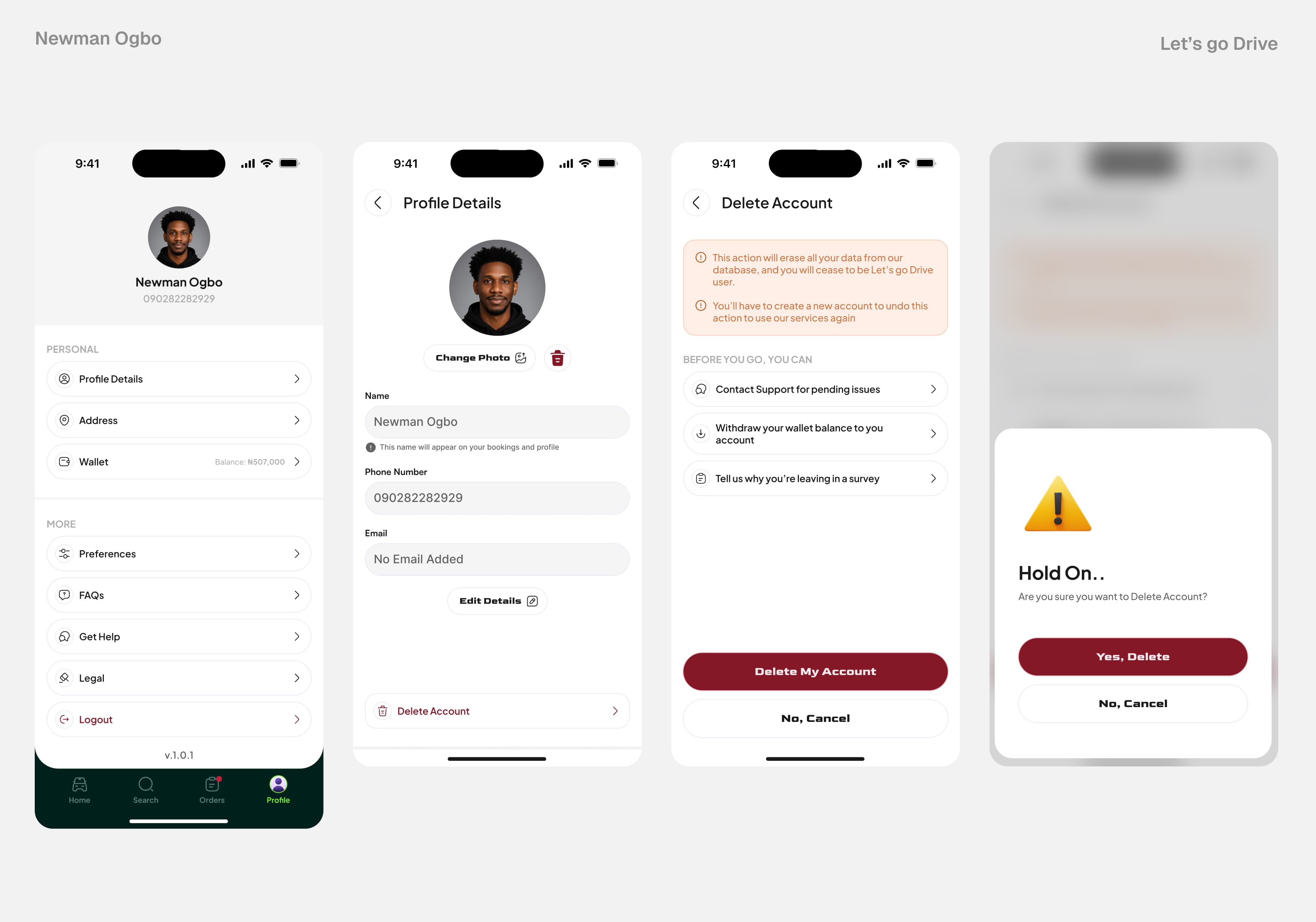Let’s Go Drive profile, account details, and delete-account screens