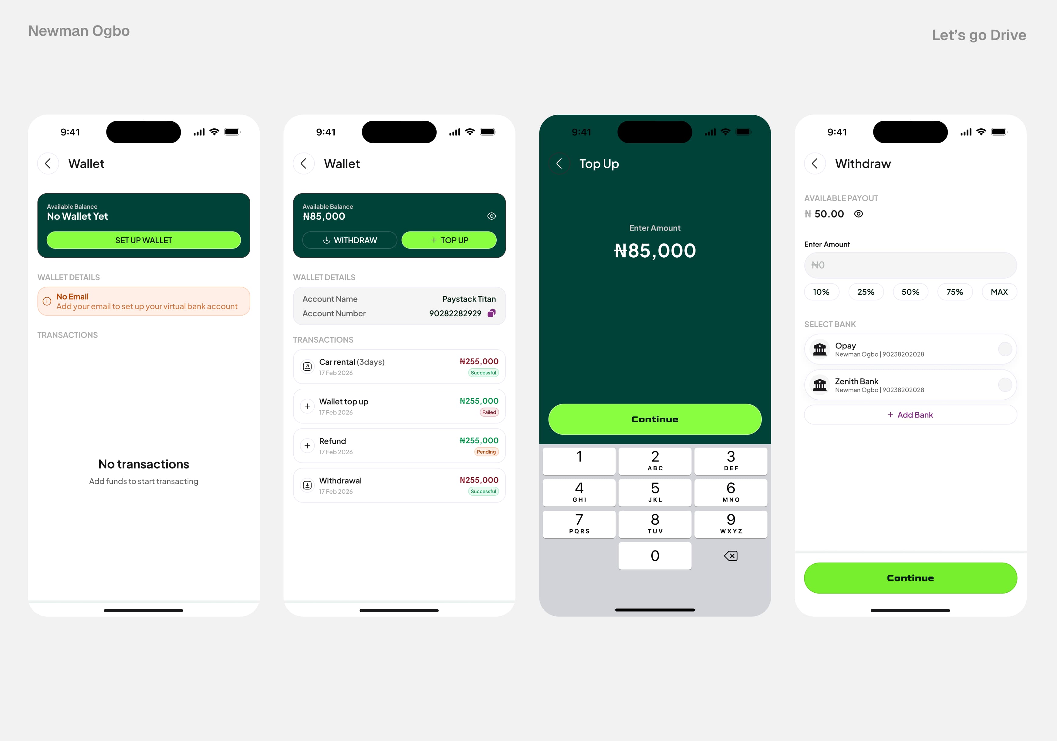 Let’s Go Drive wallet empty state, balance, transactions, top-up, and withdrawal screens