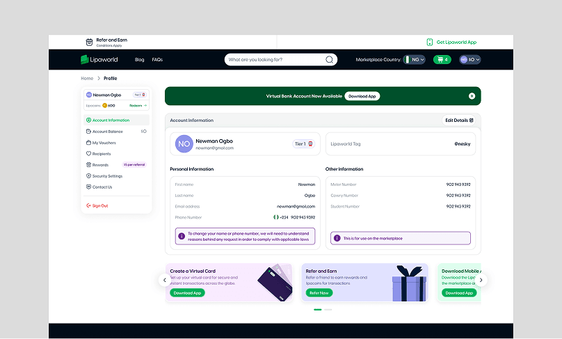 Lipaworld account information dashboard