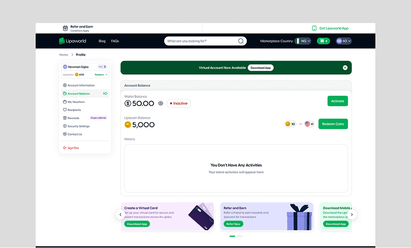 Lipaworld account balance dashboard