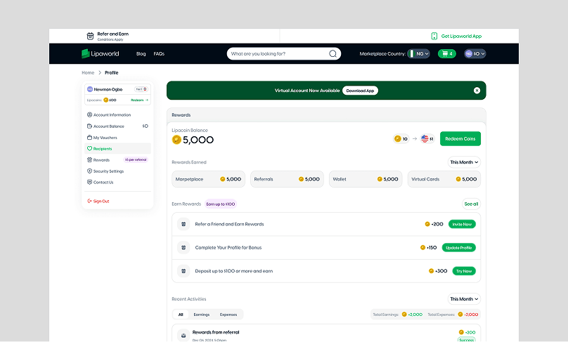 Lipaworld rewards dashboard
