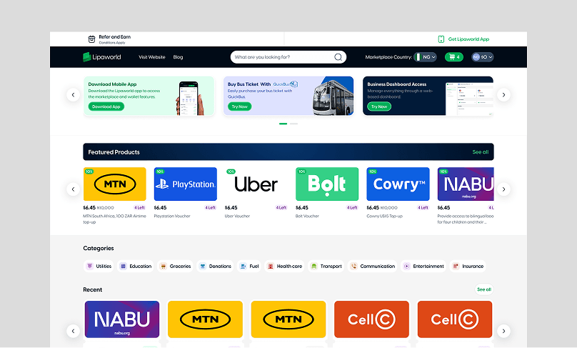Lipaworld marketplace after sign-up