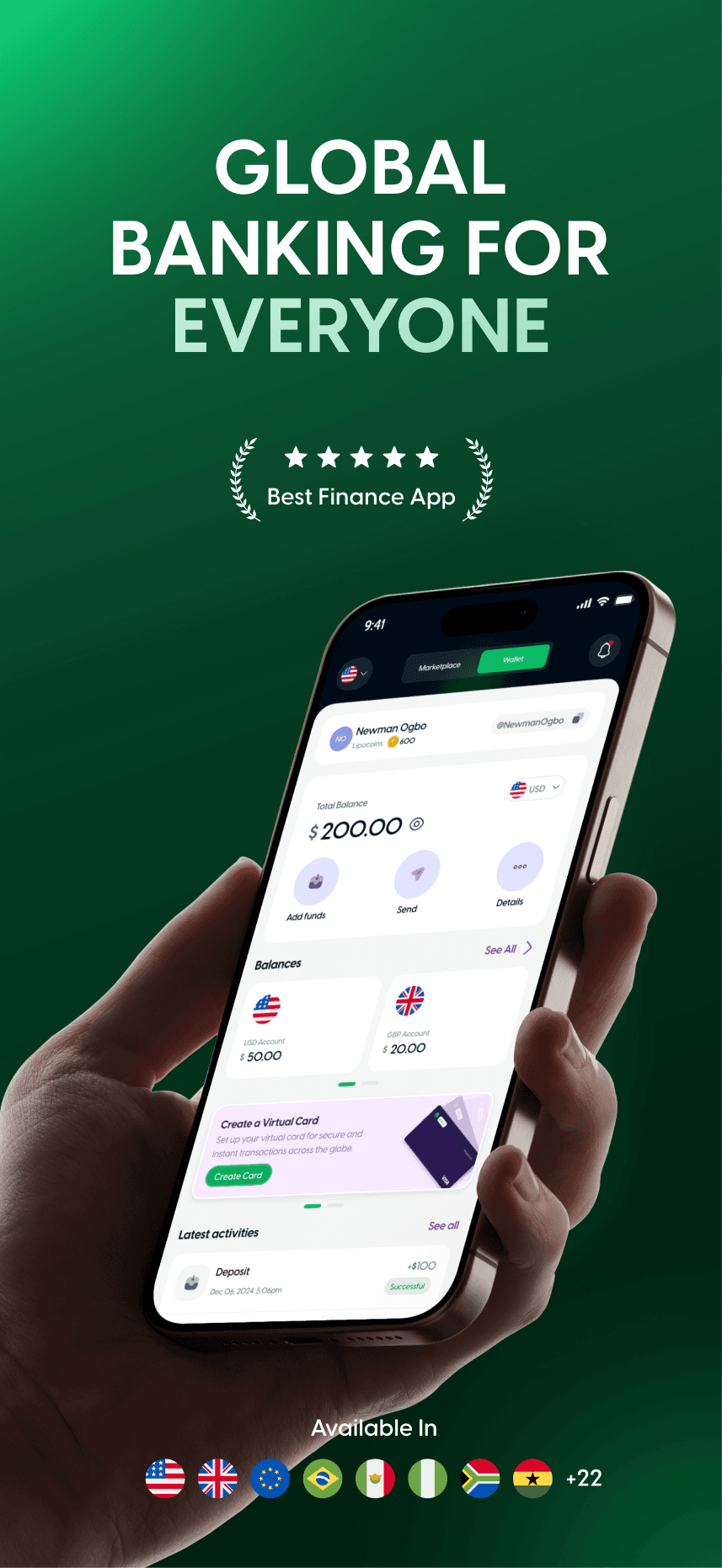 Lipaworld global banking app screen
