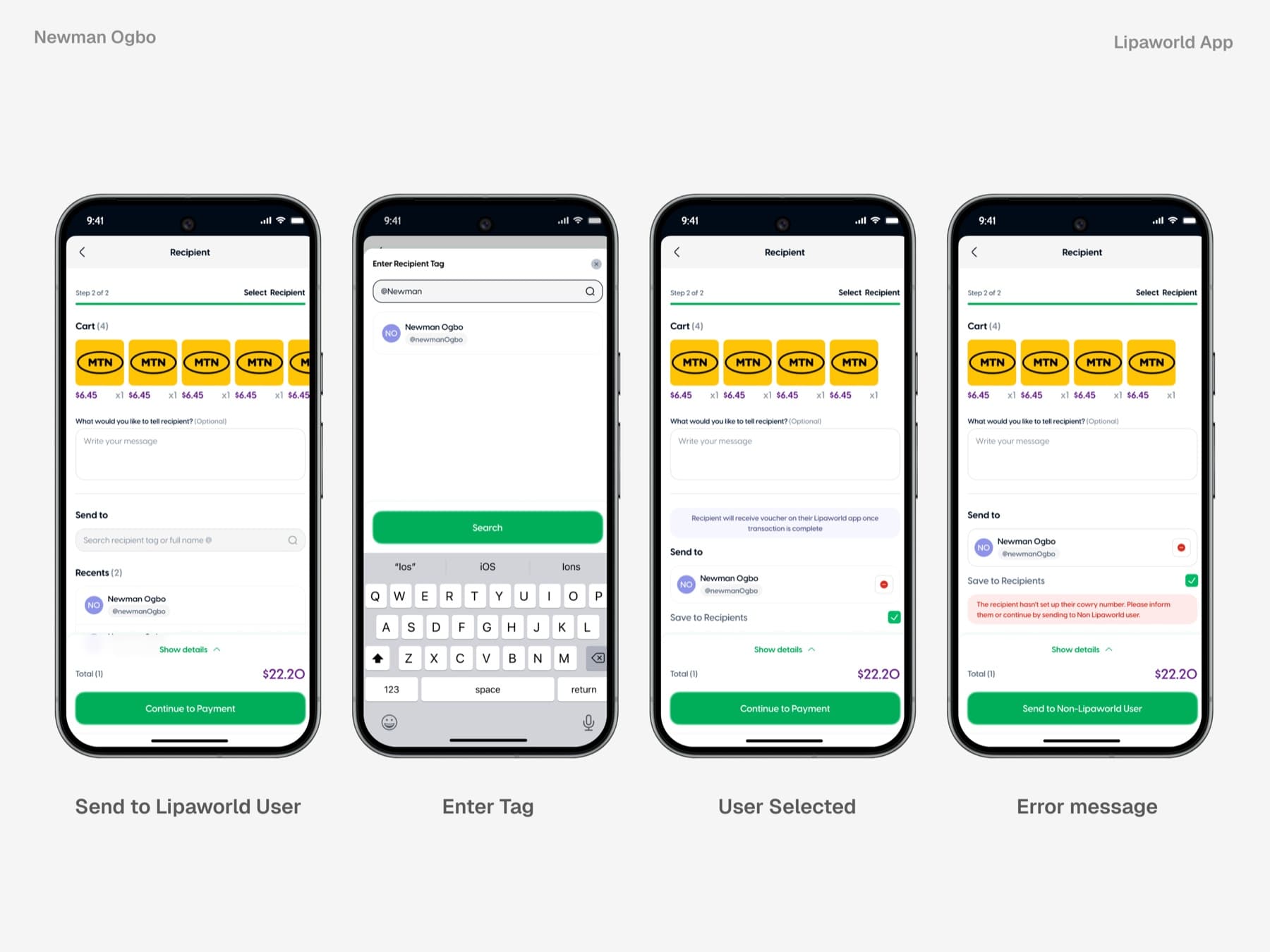 Lipaworld mobile checkout for sending to a Lipaworld user