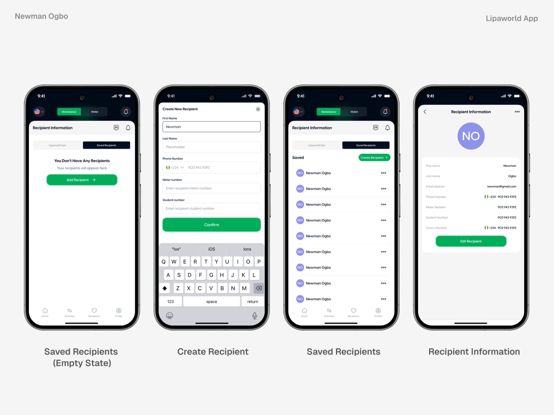 Saved recipients in the Lipaworld marketplace