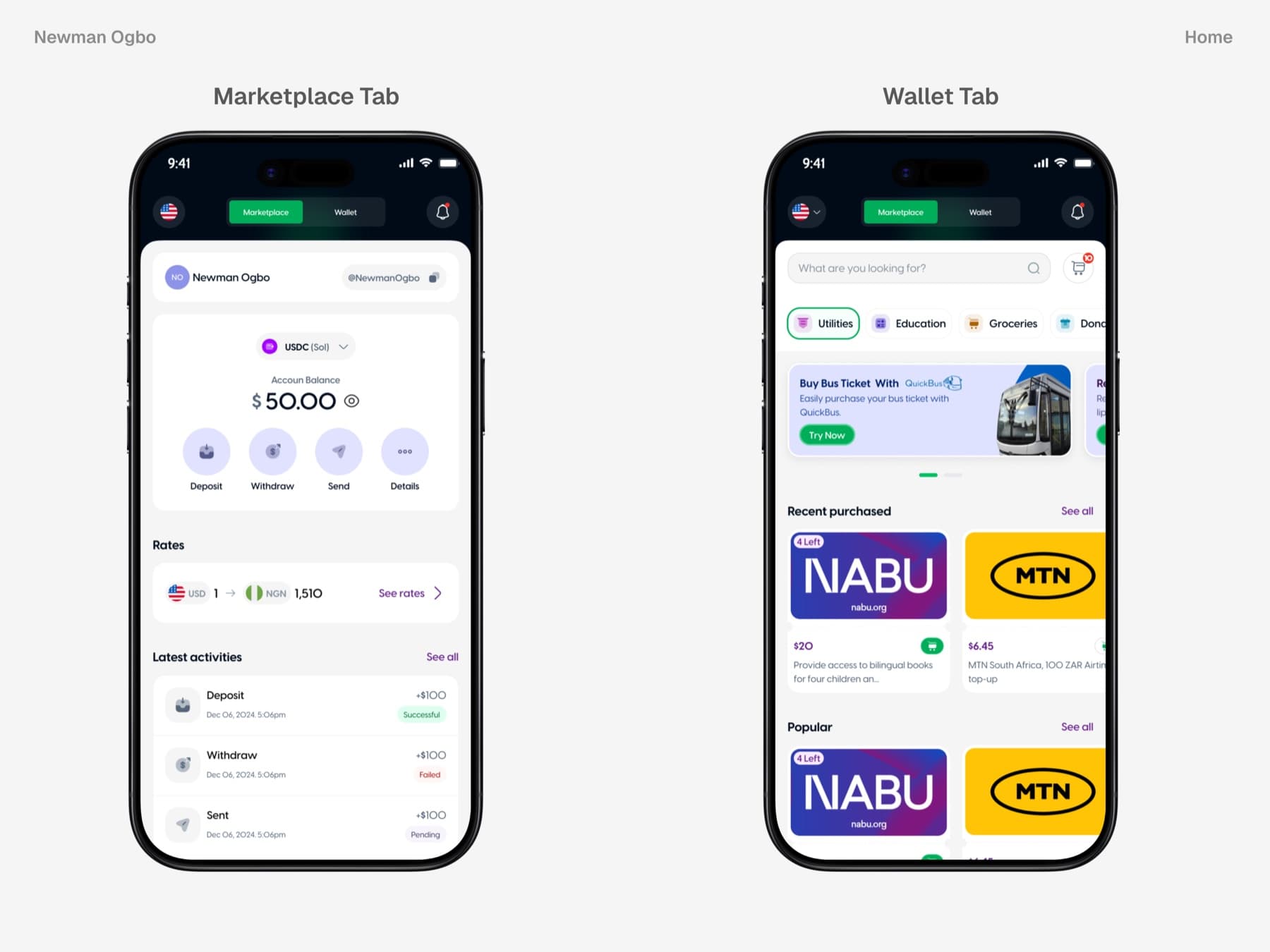 Lipaworld mobile app marketplace and wallet tabs
