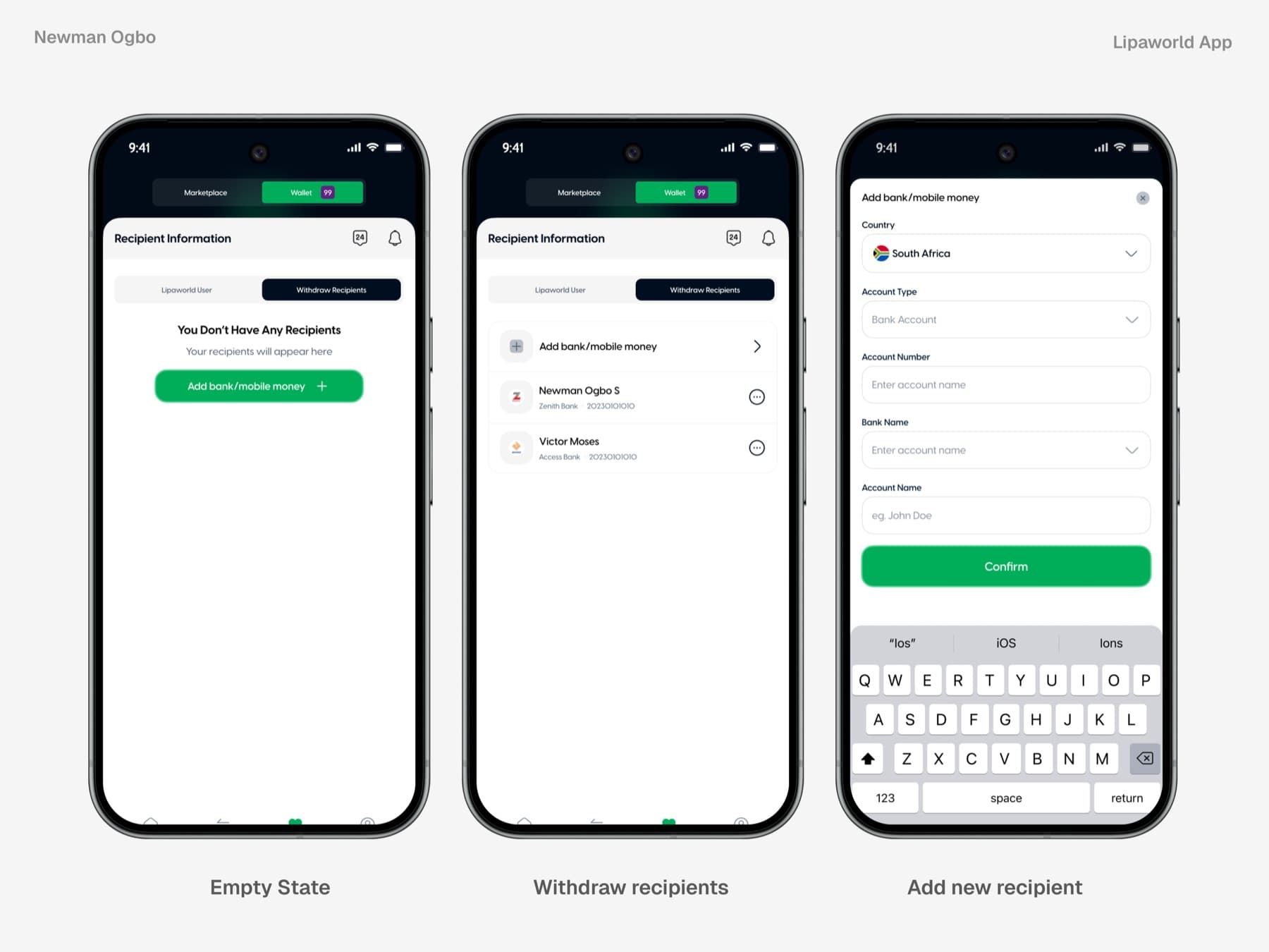 External bank recipients in the Lipaworld wallet