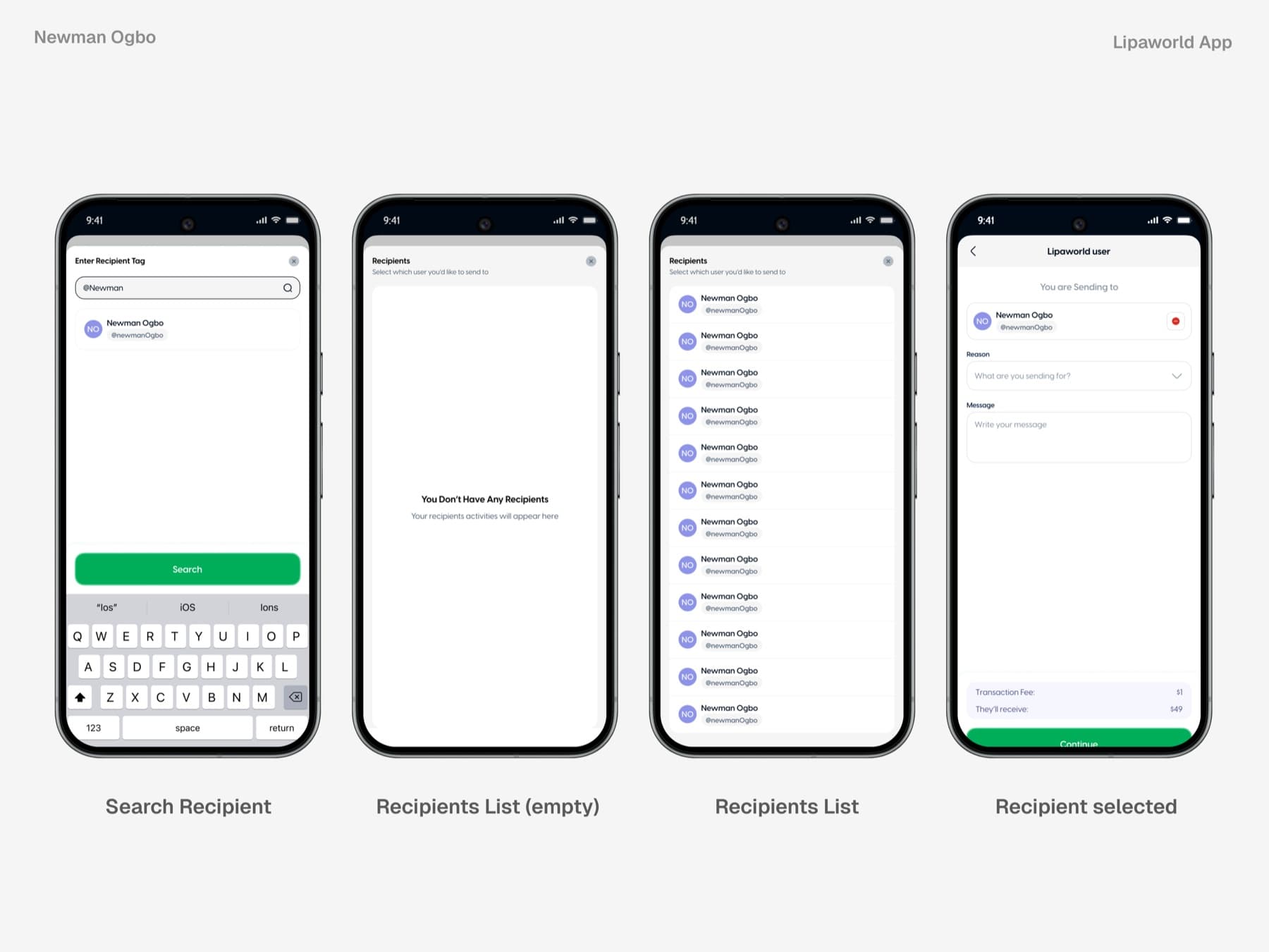 Selecting a recipient in the Lipaworld wallet