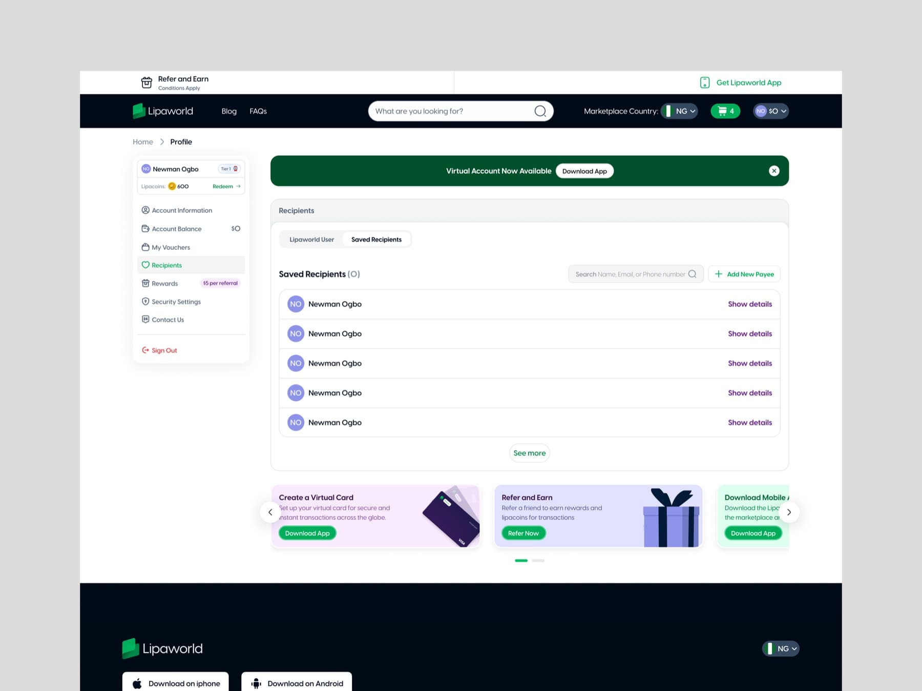 Lipaworld account balance